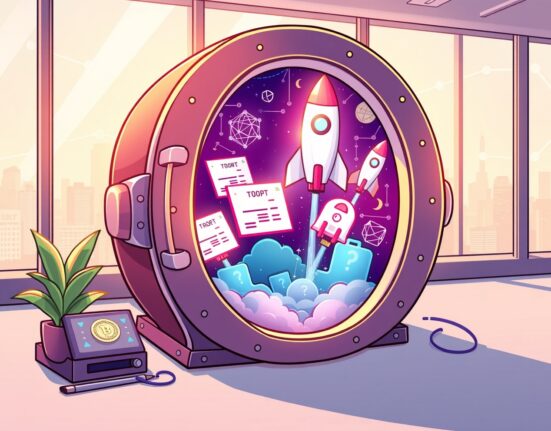 Vibrant cartoon of blockchain unlocking exclusive on-chain pre-IPO assets for investors in a digital vault.