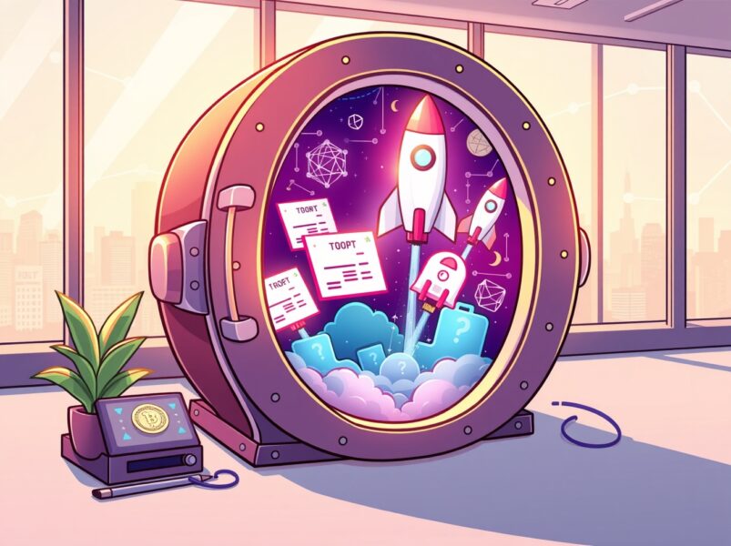 Vibrant cartoon of blockchain unlocking exclusive on-chain pre-IPO assets for investors in a digital vault.