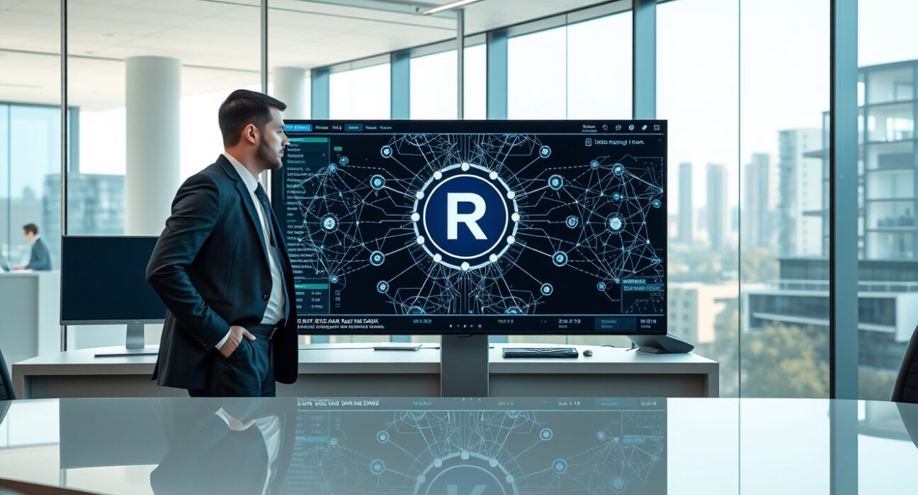 Two professionals at a trading desk viewing a digital display with blockchain nodes and RWA icon in a modern office