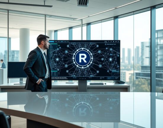 Two professionals at a trading desk viewing a digital display with blockchain nodes and RWA icon in a modern office
