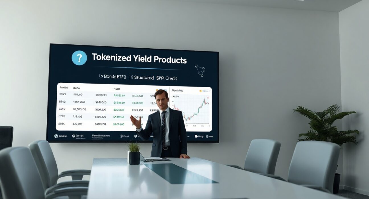 Digital tablet displaying three RWA tokenized yield fund options in a professional office setting