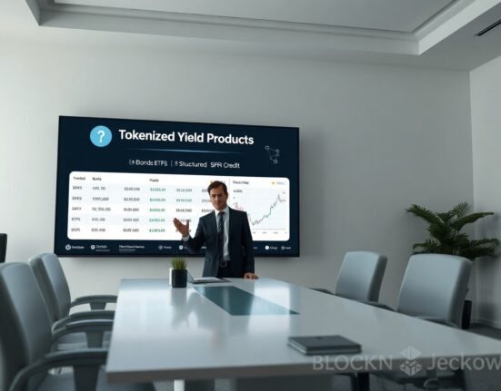 Professional analyst at trading desk reviewing tokenized yield product dashboard on digital display