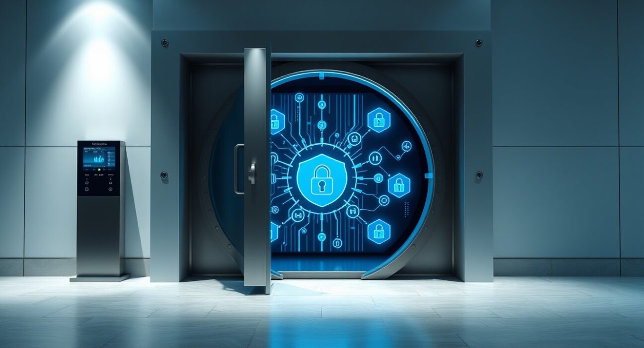 Digital bank vault with blockchain data streams representing regulated on-chain asset storage