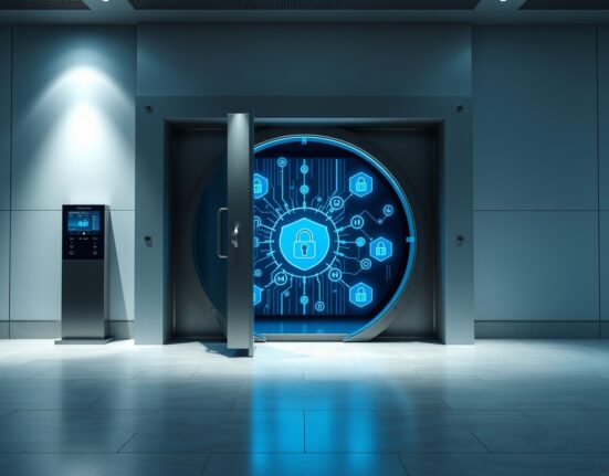 Digital bank vault with blockchain data streams representing regulated on-chain asset storage