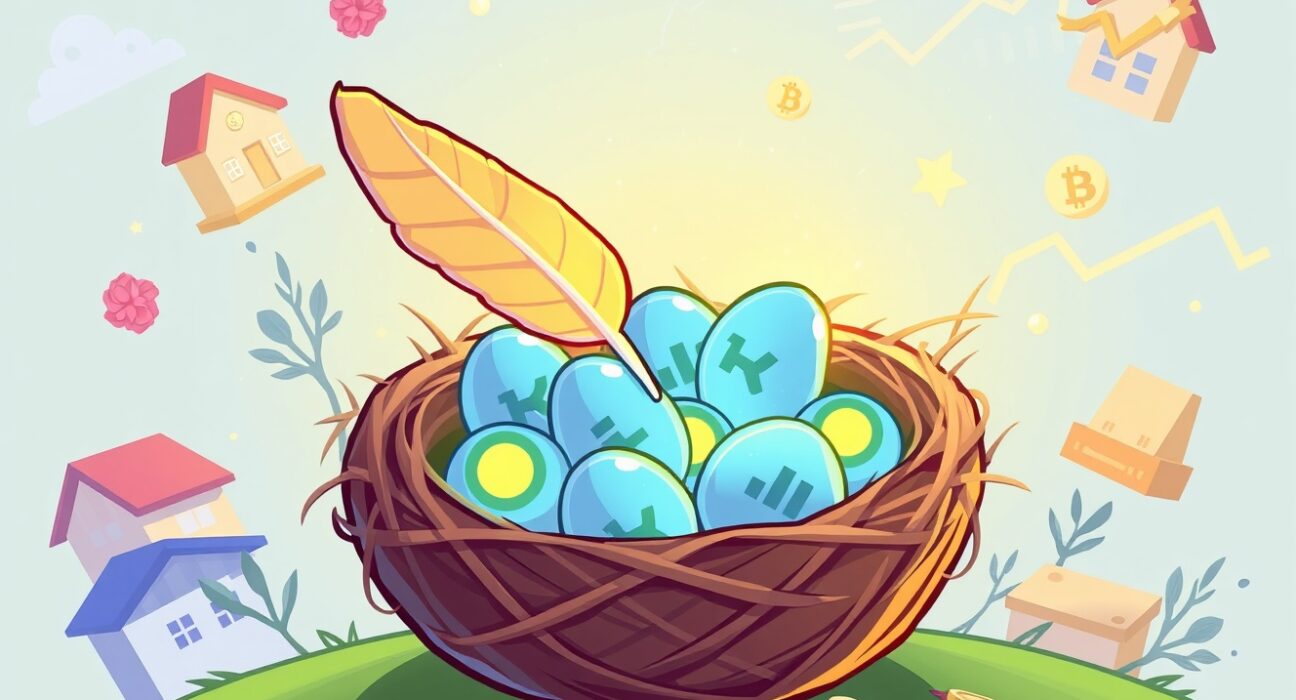 A cartoon illustration showing Plume Nest Points accumulating within a digital nest, symbolizing rewards from RWA tokenization.