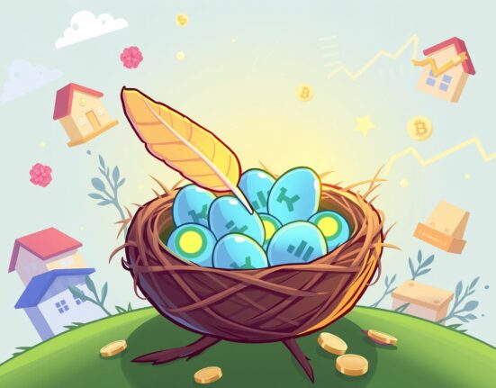 A cartoon illustration showing Plume Nest Points accumulating within a digital nest, symbolizing rewards from RWA tokenization.