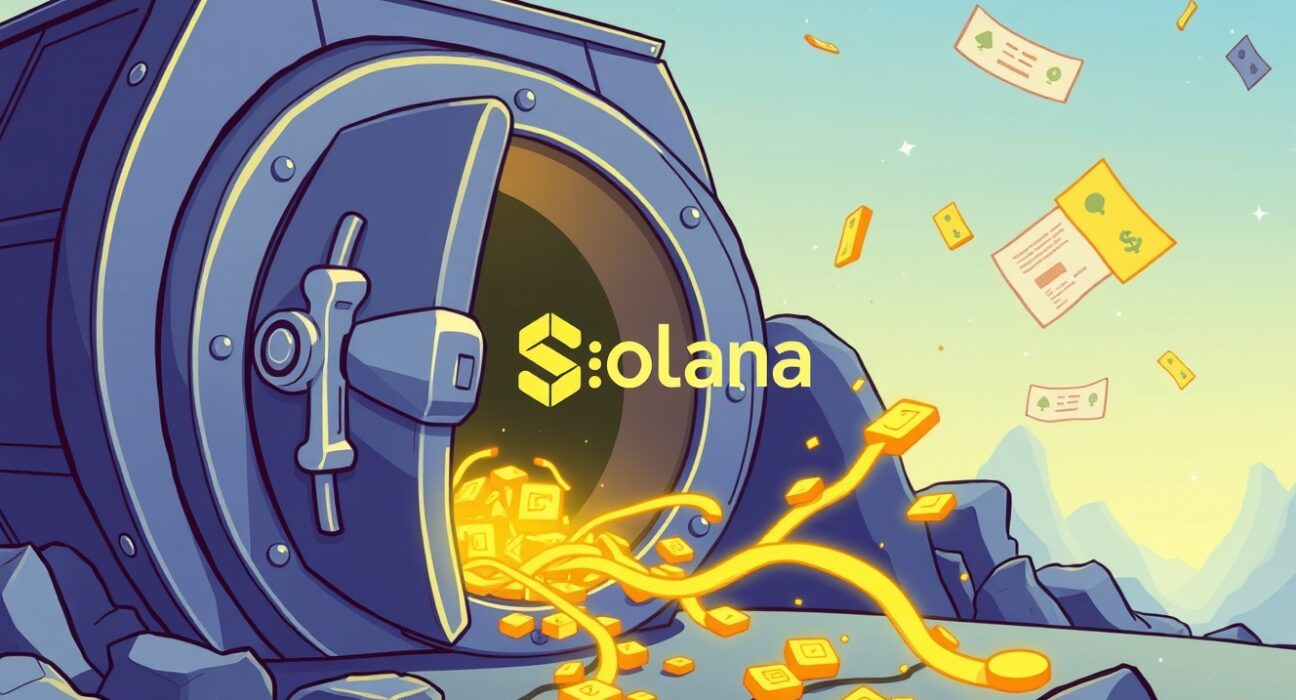 A vibrant cartoon illustration showing real-world asset yields flowing into the Solana blockchain ecosystem.