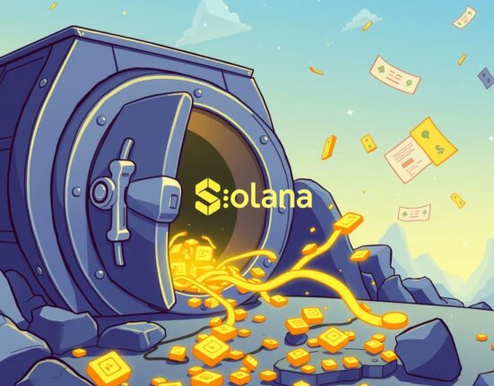 A vibrant cartoon illustration showing real-world asset yields flowing into the Solana blockchain ecosystem.