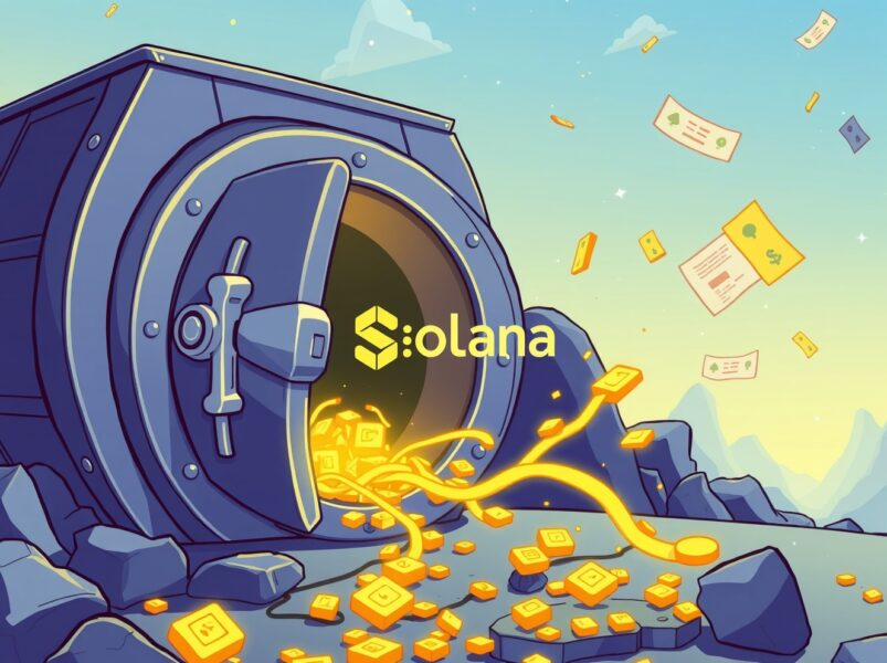 A vibrant cartoon illustration showing real-world asset yields flowing into the Solana blockchain ecosystem.