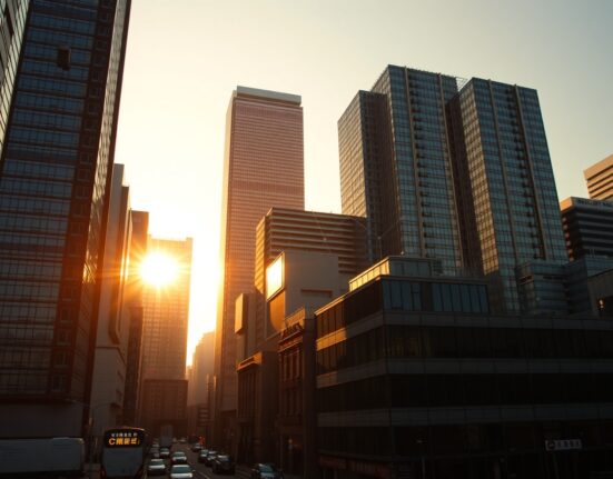 Tokyo financial district skyline with digital overlay representing blockchain tokenization of Japanese equities.