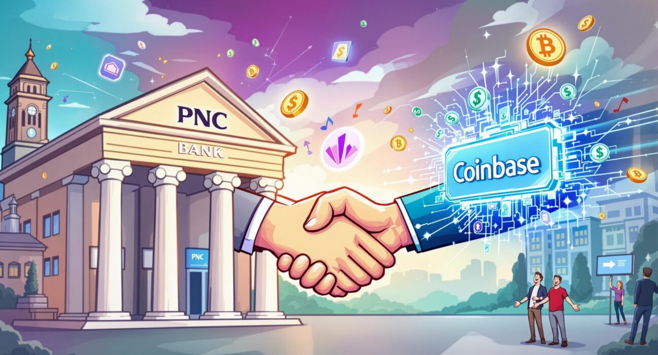 A cartoon illustration showing the monumental PNC Bank crypto partnership with Coinbase, symbolizing the convergence of traditional banking and digital assets.