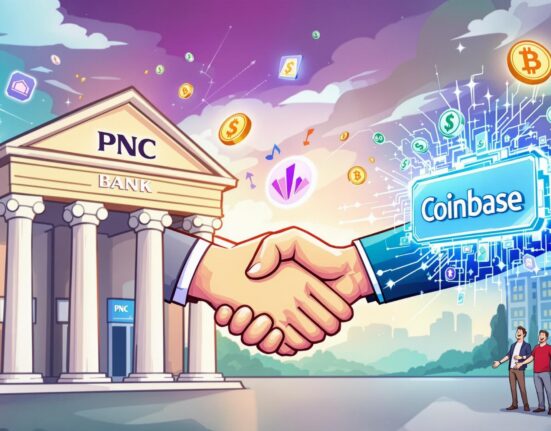A cartoon illustration showing the monumental PNC Bank crypto partnership with Coinbase, symbolizing the convergence of traditional banking and digital assets.