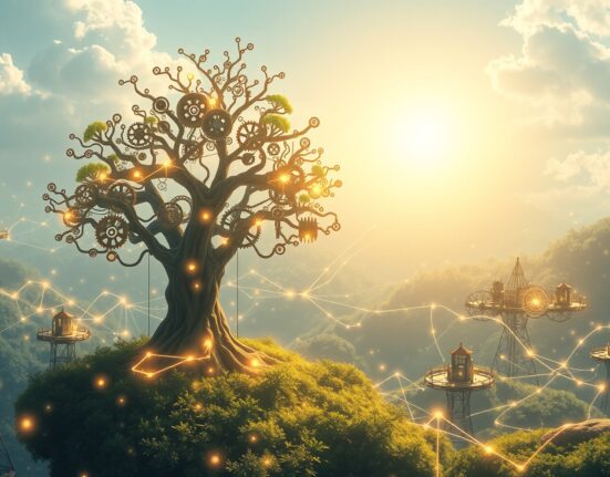 Pocket Network's programmable deflation mechanism visualized as a harmonious digital ecosystem controlling token economics