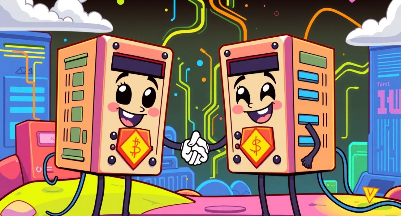 Pocket Network RPC services partnership illustrated as two blockchain servers connecting with data streams.