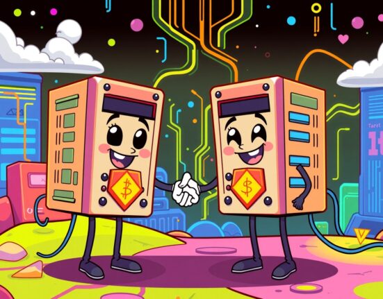 Pocket Network RPC services partnership illustrated as two blockchain servers connecting with data streams.