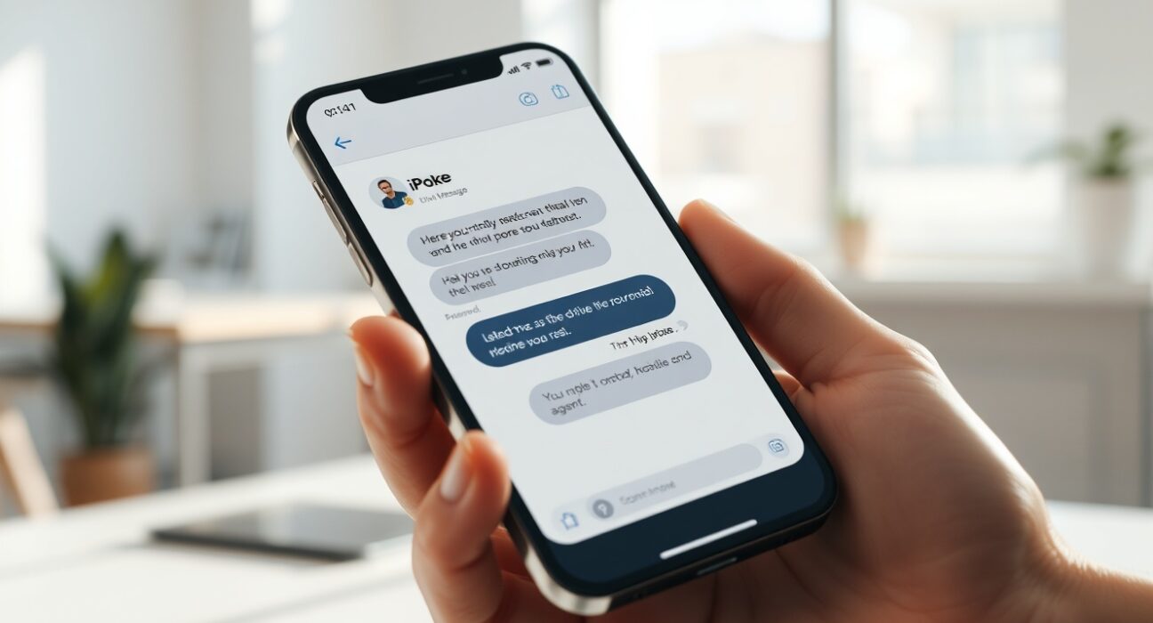 Smartphone displaying an iMessage conversation with Poke AI agent in a bright workspace