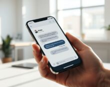 Smartphone displaying an iMessage conversation with Poke AI agent in a bright workspace
