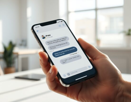 Smartphone displaying an iMessage conversation with Poke AI agent in a bright workspace