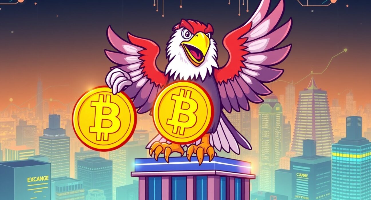 Polish eagle mascot celebrates the historic launch of Poland's first Bitcoin ETF on the Warsaw Stock Exchange.