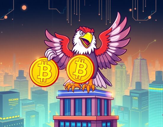 Polish eagle mascot celebrates the historic launch of Poland's first Bitcoin ETF on the Warsaw Stock Exchange.