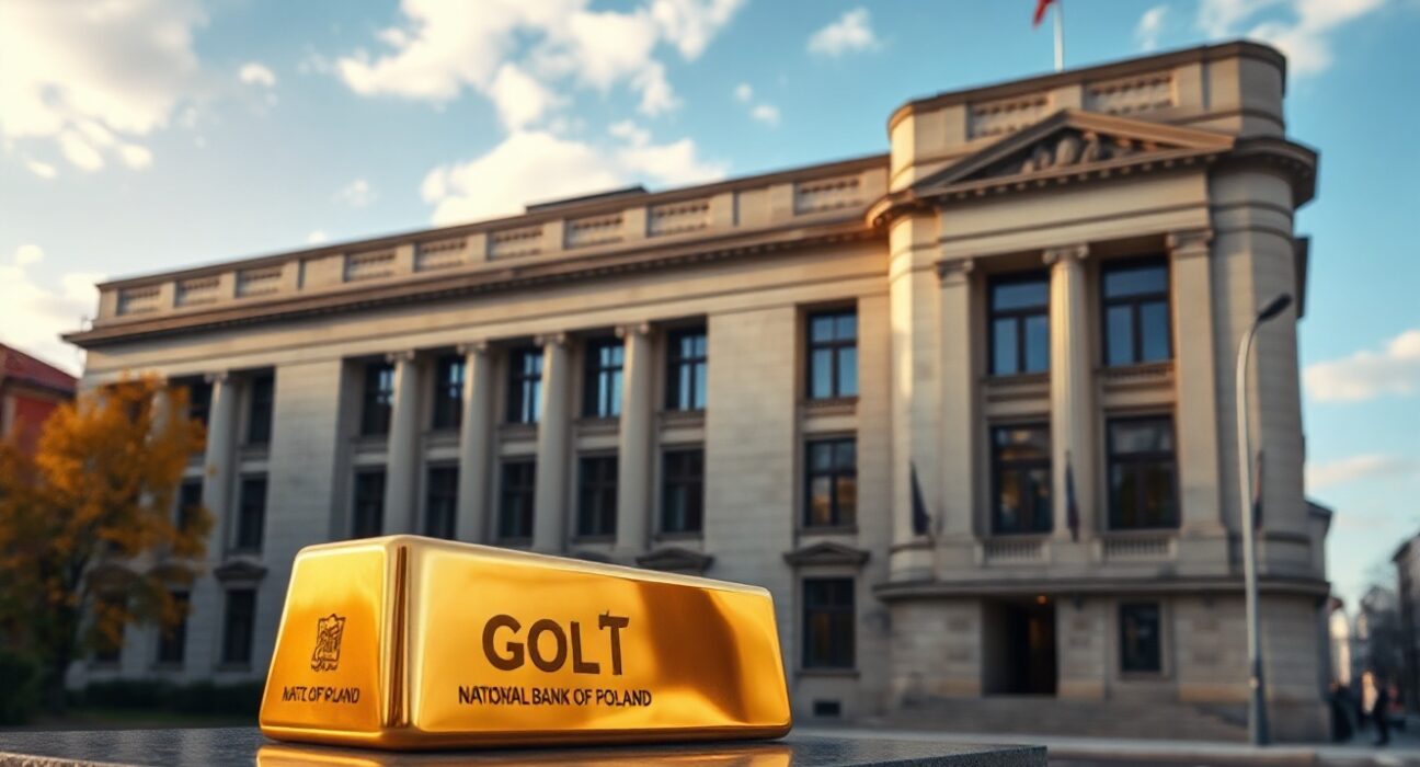 National Bank of Poland headquarters in Warsaw with a gold bar in the foreground representing record gold purchases
