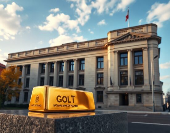 National Bank of Poland headquarters in Warsaw with a gold bar in the foreground representing record gold purchases