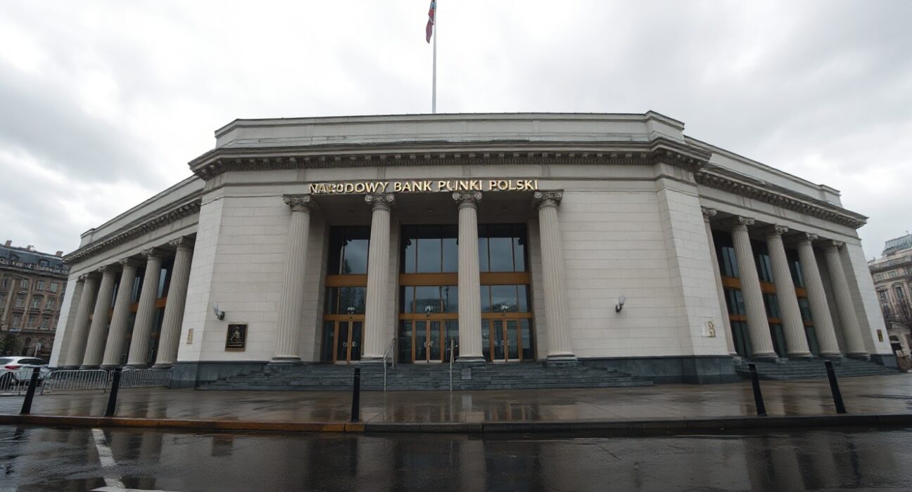 Narodowy Bank Polski building in Warsaw on a cloudy day, representing Poland's monetary policy stance.