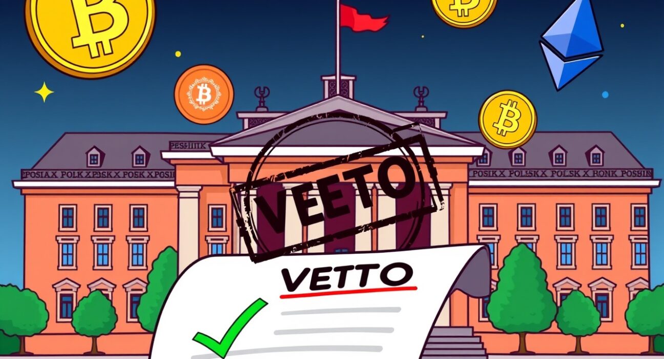Poland crypto bill legislative process cartoon illustration showing veto override