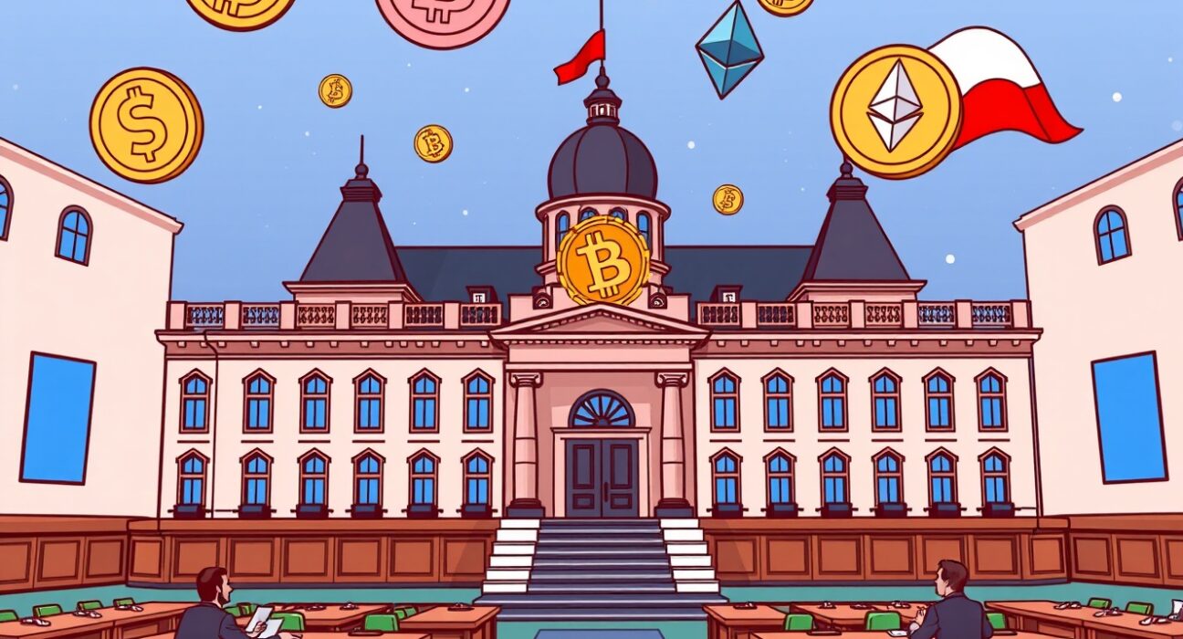 Polish parliament discussing cryptocurrency regulation bill with digital assets visualization