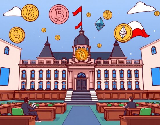 Polish parliament discussing cryptocurrency regulation bill with digital assets visualization