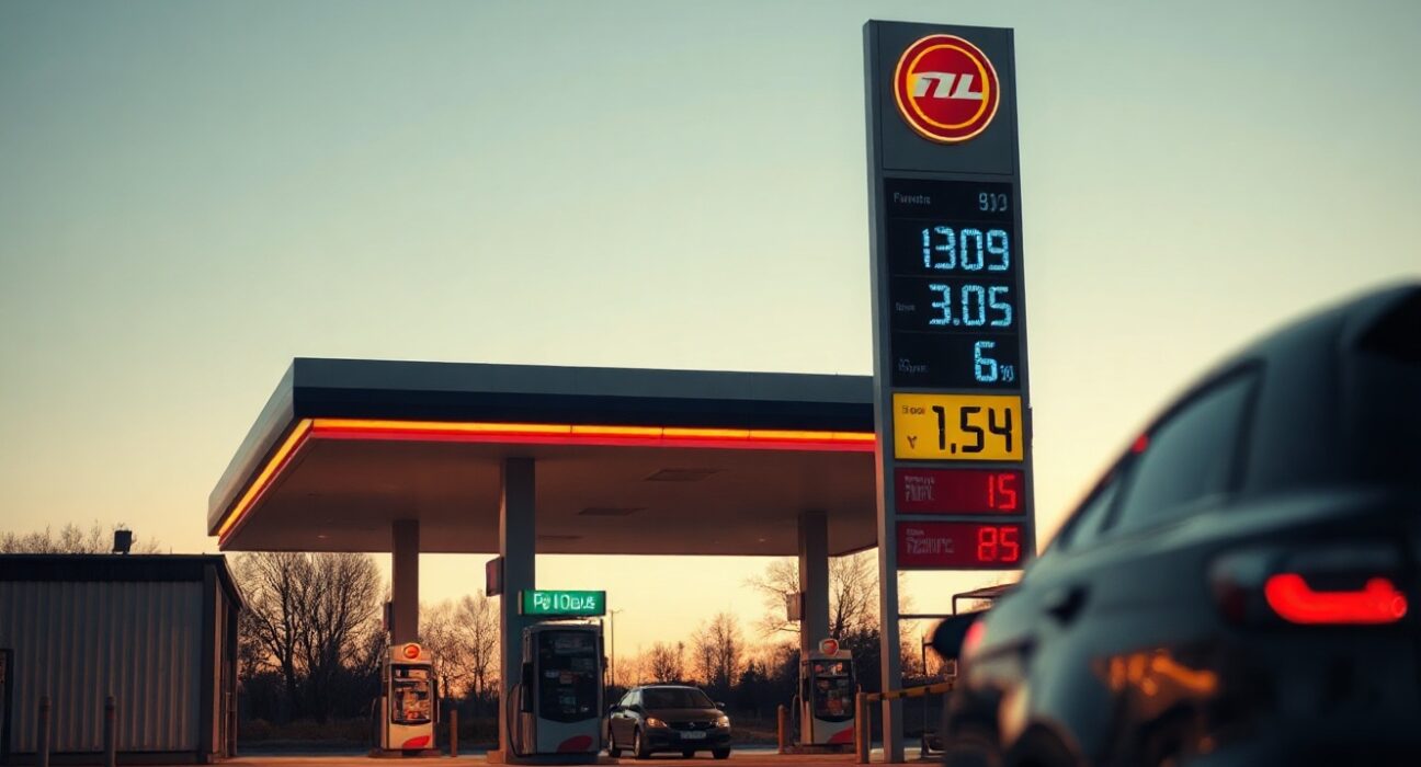 Fuel station in Poland with price display, symbolizing fuel-driven inflation trends