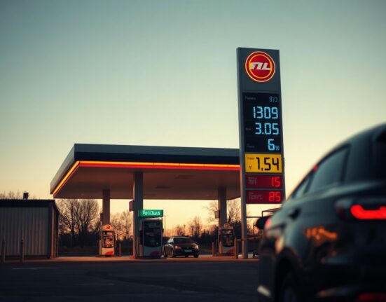 Fuel station in Poland with price display, symbolizing fuel-driven inflation trends