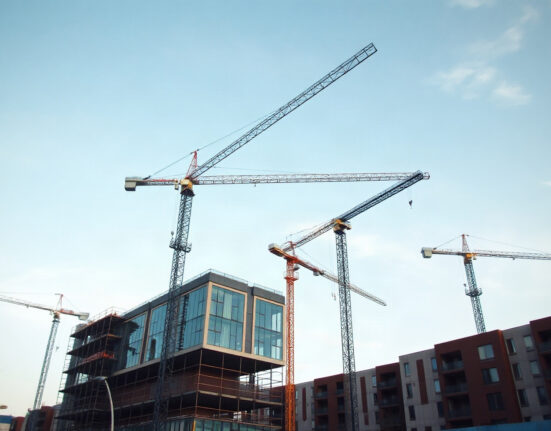 Construction cranes over new buildings in Poland, representing investment rebound and economic growth