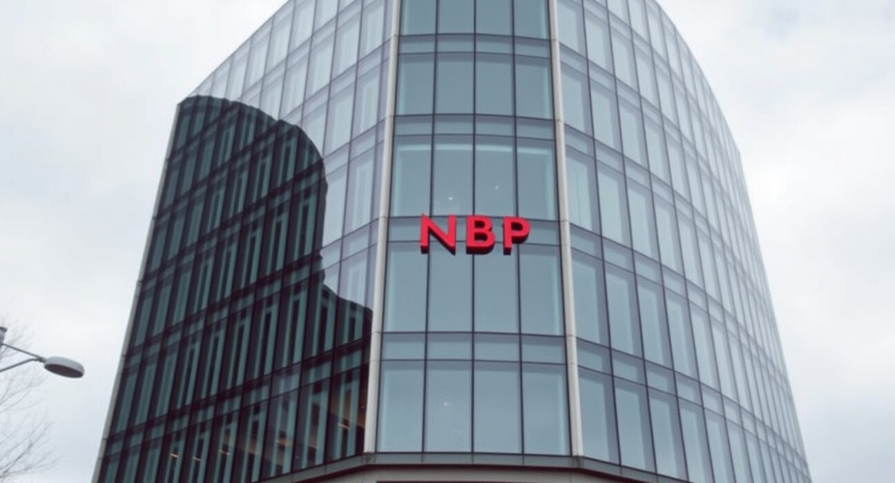 Narodowy Bank Polski headquarters in Warsaw under overcast sky