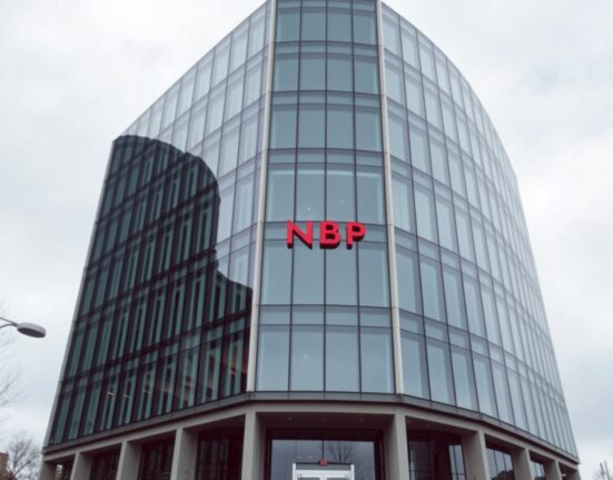 Narodowy Bank Polski headquarters in Warsaw under overcast sky
