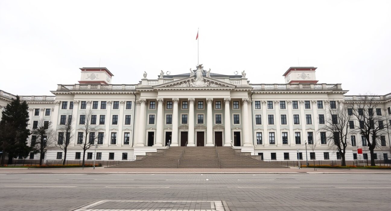 Exterior of the Polish parliament building in Warsaw, setting for cryptocurrency regulation debates.