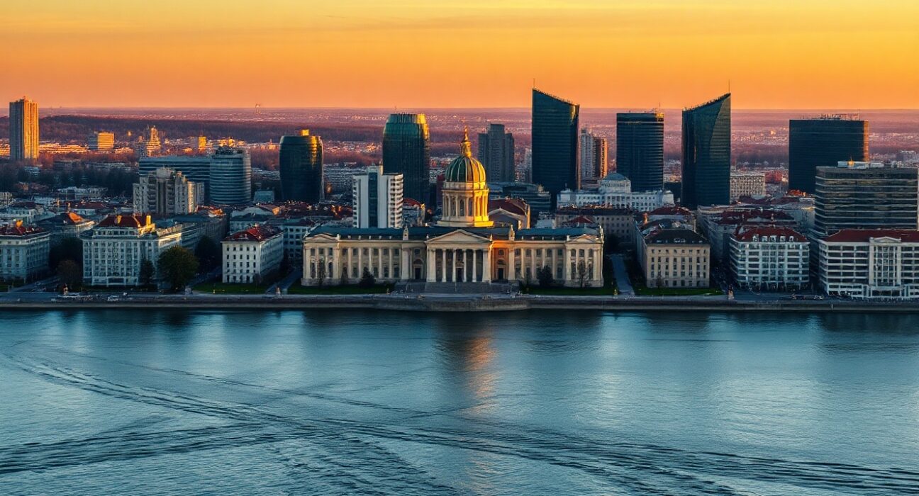 Warsaw skyline at sunset, symbolizing Poland's economic outlook amid rating concerns