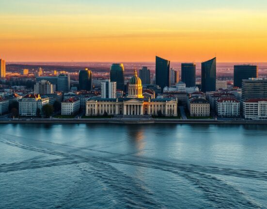 Warsaw skyline at sunset, symbolizing Poland's economic outlook amid rating concerns