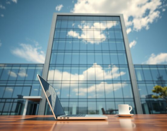 Modern South Korean government building exterior with a laptop in the foreground representing AI and document technology.