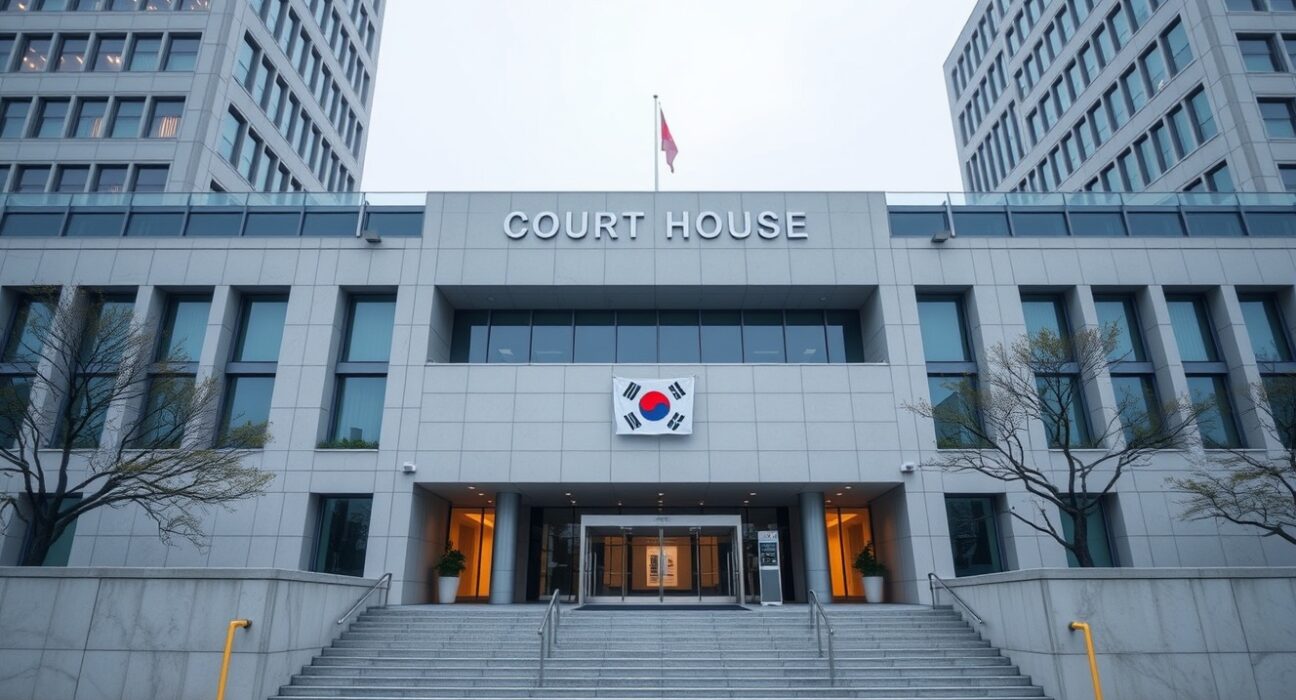 Exterior of a Seoul courthouse with a digital crypto overlay, representing the Polaris Share legal challenge against Bithumb delisting.