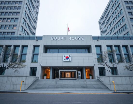 Exterior of a Seoul courthouse with a digital crypto overlay, representing the Polaris Share legal challenge against Bithumb delisting.
