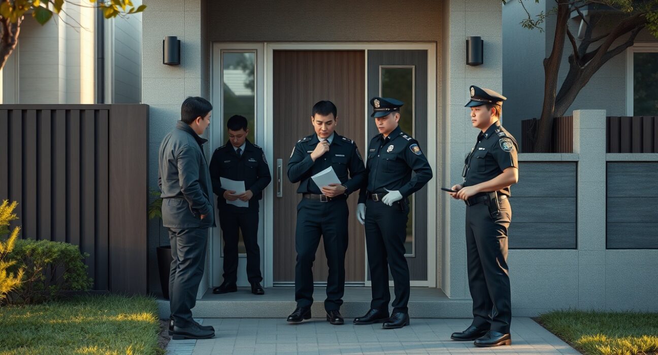 South Korean police investigators at the entrance of a residential home during a raid related to hidden crypto assets.