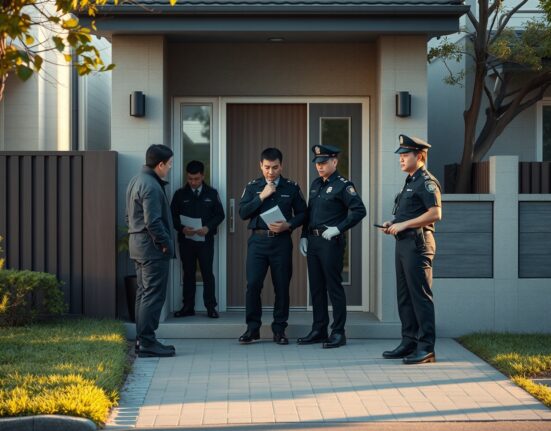 South Korean police investigators at the entrance of a residential home during a raid related to hidden crypto assets.