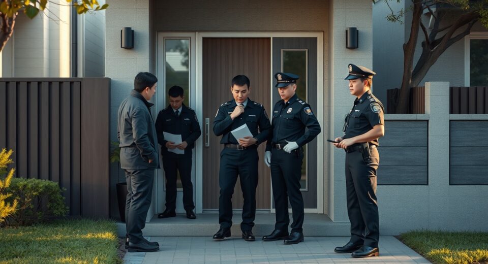 South Korean police investigators at the entrance of a residential home during a raid related to hidden crypto assets.