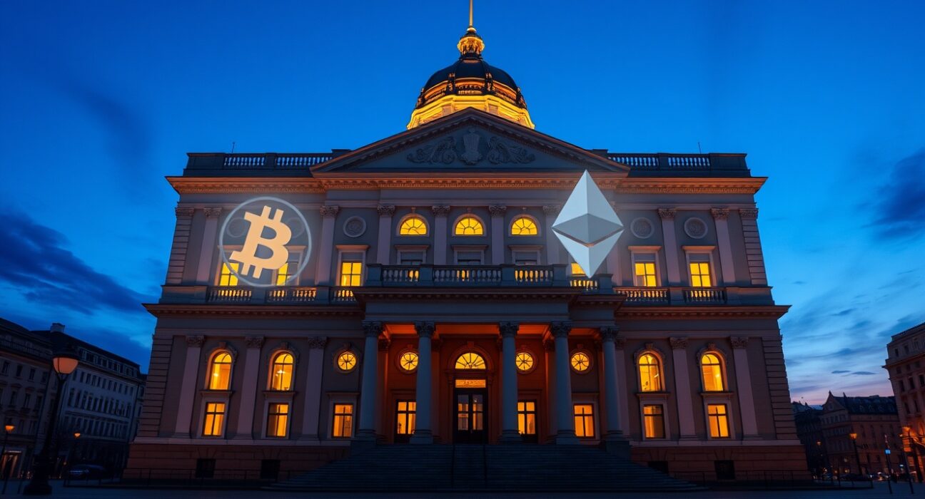 Polish parliament building with digital crypto overlay representing the stalled cryptocurrency regulation law.