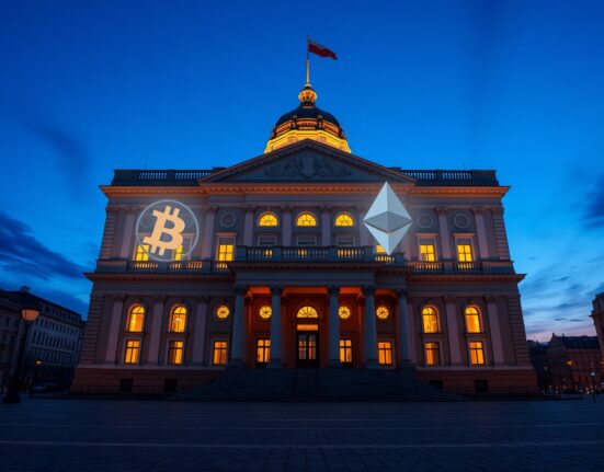 Polish parliament building with digital crypto overlay representing the stalled cryptocurrency regulation law.