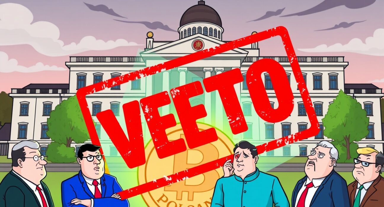 Polish crypto regulations being blocked by a parliamentary veto in a vibrant cartoon scene.