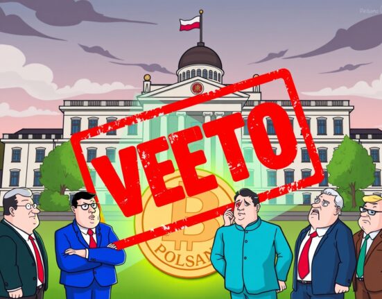Polish crypto regulations being blocked by a parliamentary veto in a vibrant cartoon scene.