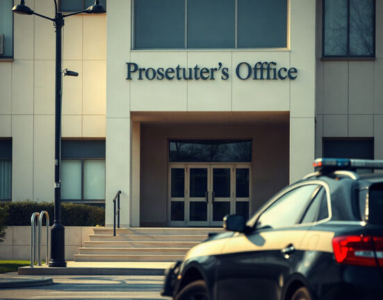 Police vehicles outside a courthouse in Poland amid an investigation into bribery allegations