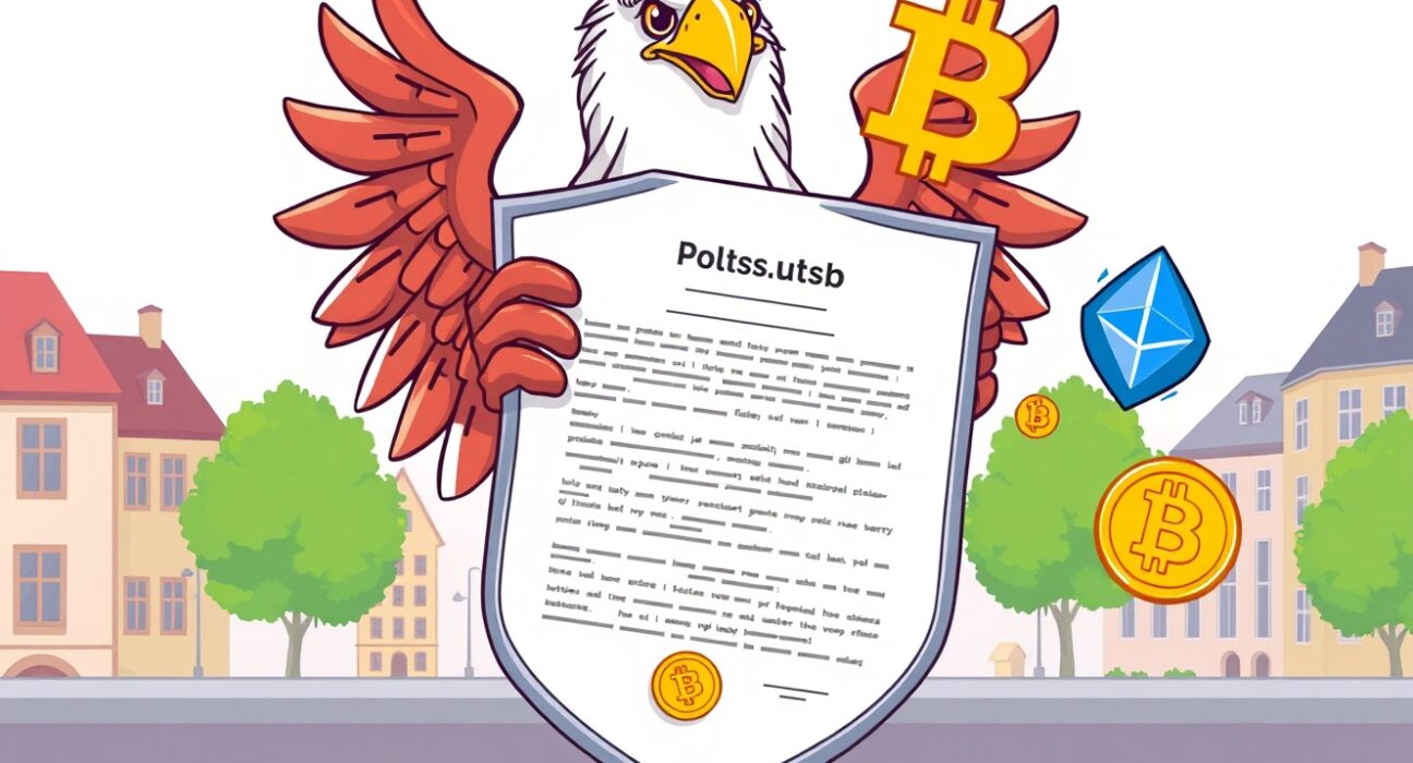 Polish crypto regulation protected by presidential veto in a vibrant cartoon scene.